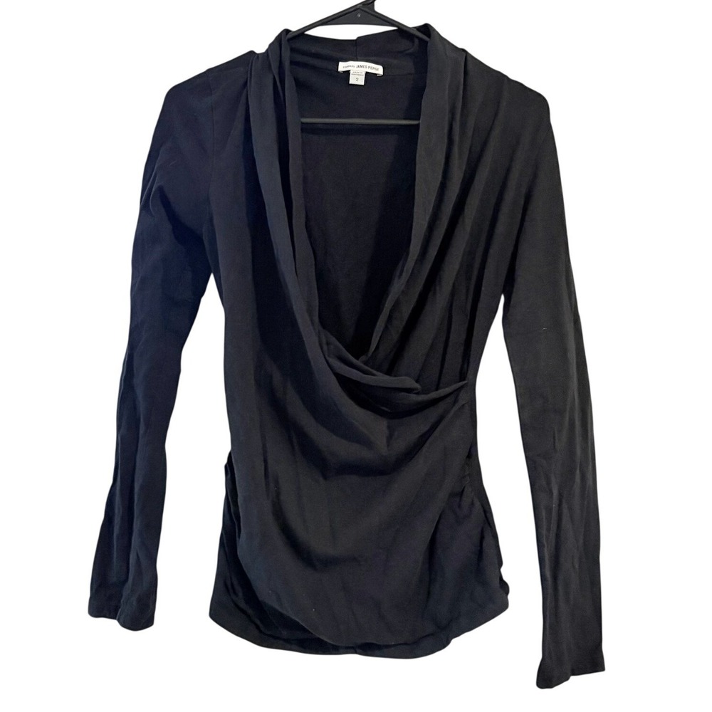 Standard James Perse Black Draped Surplice Long Sleeve Ruched‎ Top SIZE 2